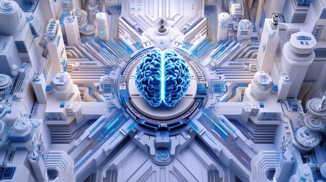 Glowing 3D model of human brain in futuristic environment - Powered by Adobe