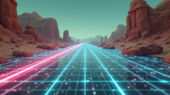 Pink Blue Neon Grid Highway Futuristic Desert Landscape - Powered by Adobe