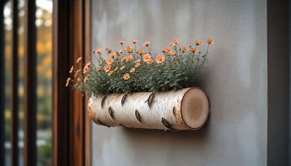  Handmade birch planter with blooms on house wall