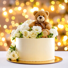 Floral cake with teddy bear decoration