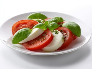 Fresh Caprese Salad with Tomato Basil Mozzarella Cheese and Olive Oil Served on White Plate for Healthy Vegetarian Meal