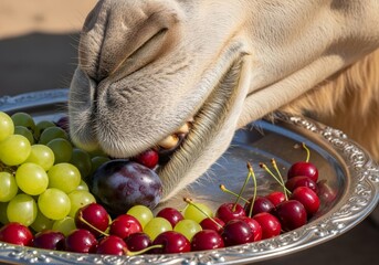 A close-up, surreal shot of a camel eating fresh fruit from a silver platter. The tray is filled with green and red grapes, dark plums, and cherries. The image is both humorous and luxurious, creating