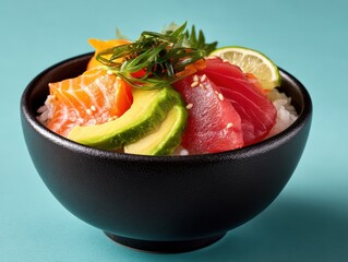 Fresh and colorful sashimi bowl with sliced raw fish, avocado, lime, green herbs, and seasoned rice served in a black bowl on a light blue background