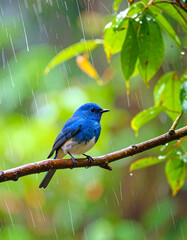 Blue bird perched in rain