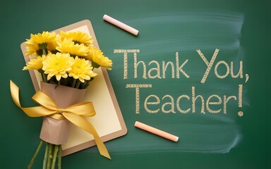 Beautiful yellow flower bouquet tied with yellow ribbon on a chalkboard with thank you teacher message