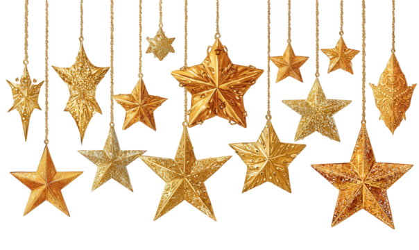 Golden Glitter Stars Hanging Against Black Background