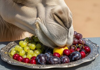 A close-up, surreal shot of a camel eating fresh fruit from a silver platter. The tray is filled with green and red grapes, dark plums, and cherries. The image is both humorous and luxurious, creating