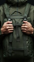 Person holding green tactical backpack with sturdy straps and zipper in outdoor gear