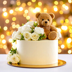 Frosted cake with teddy bear and roses