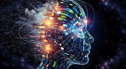 Digital Mind: Abstract Portrait of a Human Head with Glowing Ene