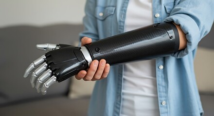 Fototapeta premium Person holding advanced prosthetic arm with hand indoors studio shot