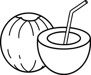 Line art of fresh coconut drink with straw representing tropical vacation and healthy refreshment
