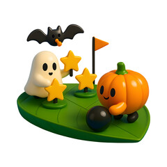 Fototapeta premium Cute 3D Pumpkin Bowling with Star Pins — Ghost & Bat Referee (Transparent Background)