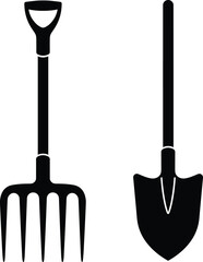 Gardening tools collection with garden fork, spade, and shovel for outdoor gardening, farming, yard work, planting, and digging activities.