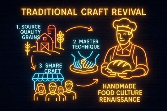Neon Artisan Breadmaking Journey with Glowing Ingredients and Baking Process for Foodie Background,

