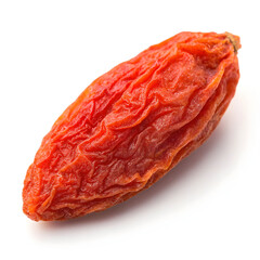 Dried goji berries isolated on a white background, highlighting their vibrant red color, wrinkled texture,
