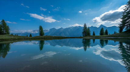 A calm lake reflecting the surrounding mountains and a clear blue sky.