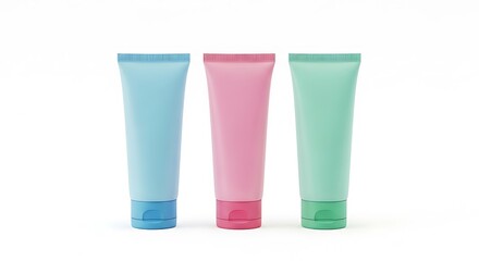 Three pastel colored cosmetic tubes isolated on white backdrop promoting beauty and hygiene products for skin care and personal wellness