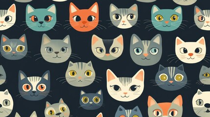 Fototapeta premium Cute Cats Pattern Wallpaper Featuring Playful Feline Faces for Kids