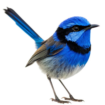 A vibrant fairy wren perched gracefully against a plain white backdrop showcasing its brilliant plumage