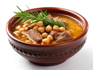 Traditional chickpea stew with tender meat pieces garnished with fresh rosemary in a rustic ceramic bowl perfect for hearty comforting meals