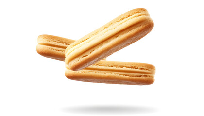 Ladyfinger savoiardi biscuit cookie flying isolated on white, clipping path