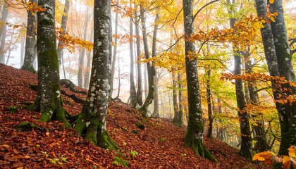 Autumn forest scene in mist