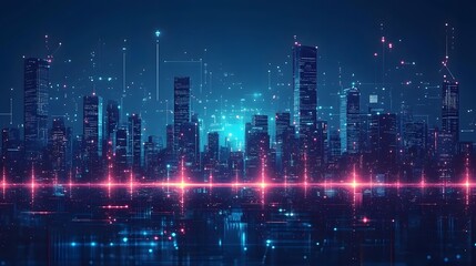 Urban skyline illuminated by digital signals and vibrant colors at night