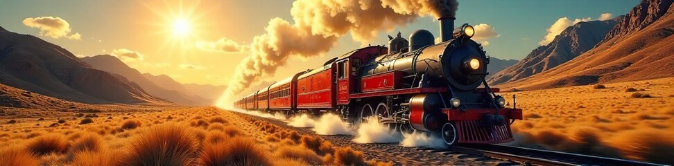 Naklejka premium A vibrant, vintage train speeding through a sun-drenched landscape, embodying the thrill and freedom of passionate travel , rails, sunlight
