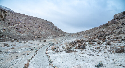 Scenic stone path winding through the Himalaya mountains, symbolizing adventure, exploration, and spirituality. Perfect for travel, trekking, hiking, and wilderness themes. Rugged landscape ideal 