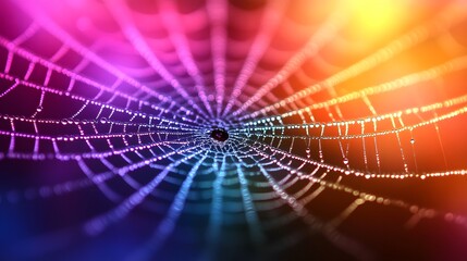 Colorful spider web glistening in sunlight showcases intricate patterns and vibrant hues during a calm morning in nature