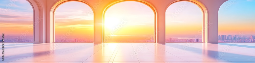 Poster a large building with a large window that is open to the sky