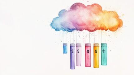 Watercolor Cloud with Money Jars, Financial , Savings