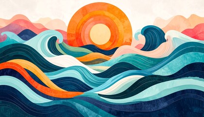 Vibrant Sunset Over Stylized Ocean Waves.