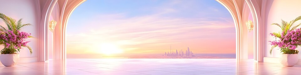 Obraz premium A large archway with a view of a city and a sunset