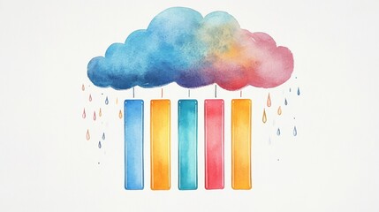 Watercolor Cloud Rain Colorful Blocks and Droplets Art, Abstract , Illustration