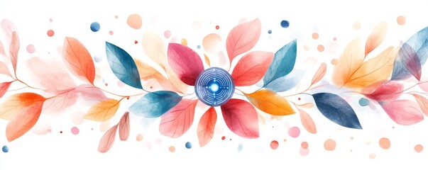 Watercolor Leaves Border with Tech Circle, Abstract , Nature