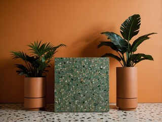 Green terrazzo tile with indoor plants against orange wall &ndash; modern decorative stone
