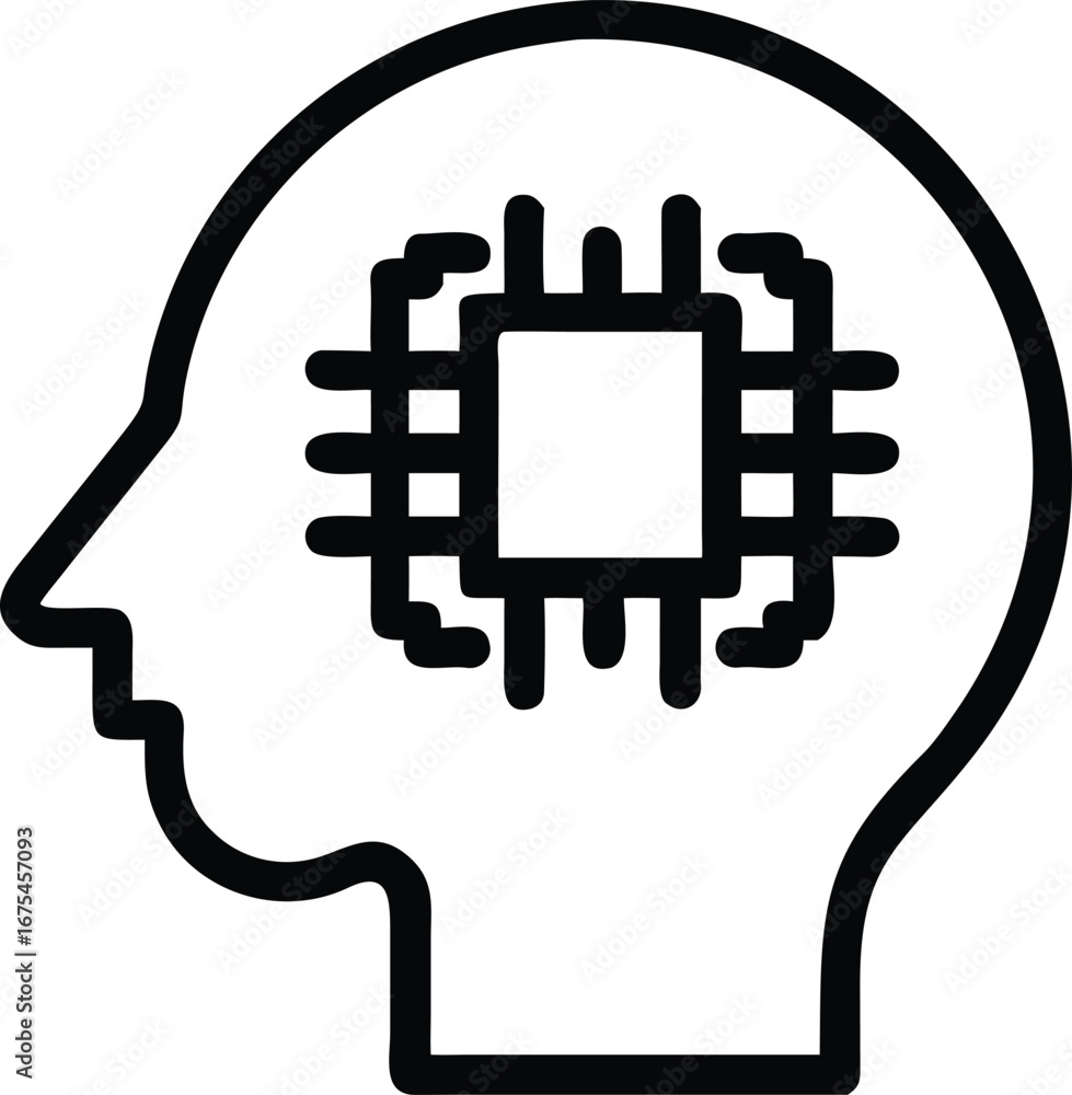 Poster outline of human head with microchip inside brain symbol artificial intelligence circuit