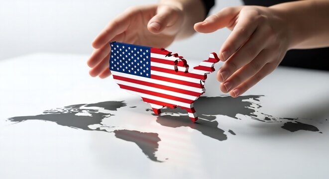 Global Influence: A 3D United States Map Casts an Unexpected Shadow in the Shape of the World Map.