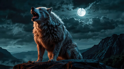 Obraz premium Majestic Werewolf Howling at Full Moon on Cliff Edge