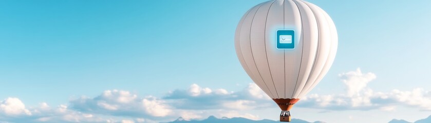 White Hot Air Balloon with Check Icon Floating in Blue Sky, Travel, Flight