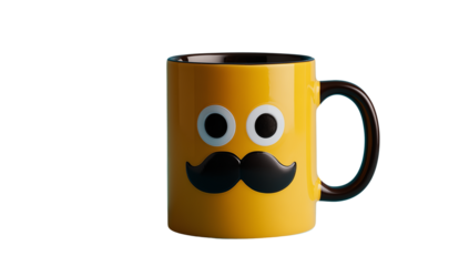 Yellow Coffee Mug with Mustache and Cartoon Eyes on Transparent Background