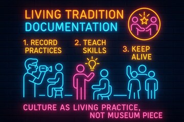 Neon Family Tree with Cultural Symbols and Historical Timeline for Genealogy and Heritage Projects,

