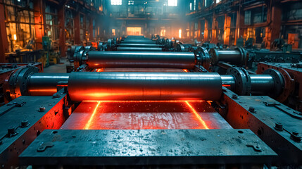Top-Down View of Red-Hot Steel Sheet in Rolling Mill
