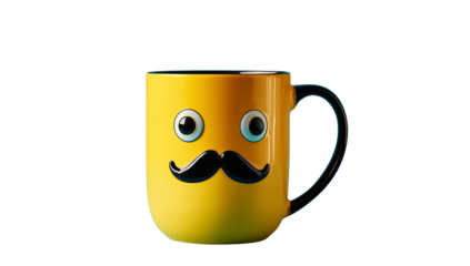 Yellow Coffee Mug with Mustache and Googly Eyes on Transparent Background