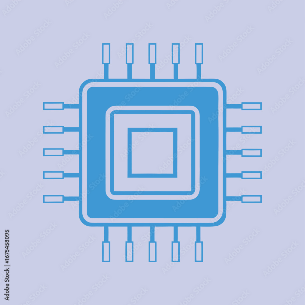 Poster blue microchip icon with square center and pins on light blue background processor computer chip