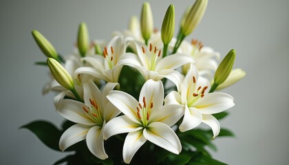 Multiple blooming lilies indoors on neutral background