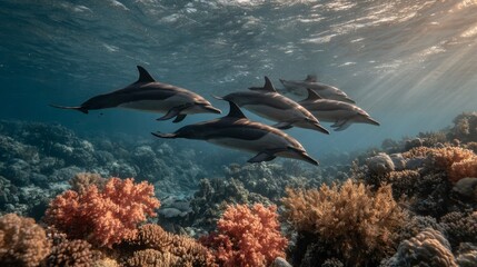 Fototapeta premium Dolphins swimming coral reef