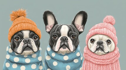 Obraz premium Three French Bulldogs in Hats and Scarves at Indoor Studio